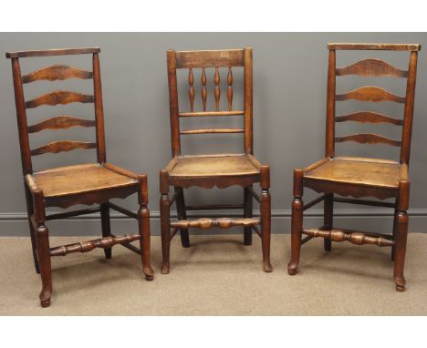 Two country elm and ash ladder back chairs and a spindle back chair Condition Report Click here for further images, condition