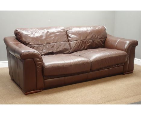 Three seat sofa upholstered in brown leather (W210cm, D90cm), and matching two seat sofa (W179cm) Condition Report Click here