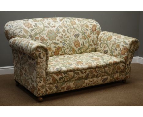 Victorian two seat drop-end sofa upholstered in floral beige ground fabric, W160cm, D95cm Condition Report Click here for fur