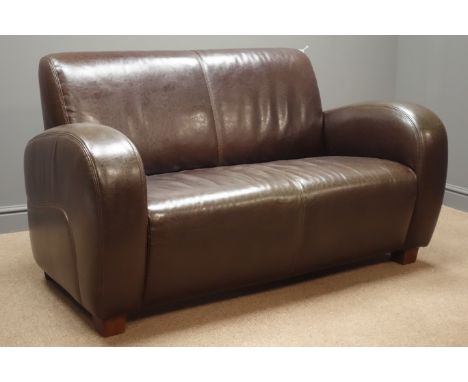 Two seat sofa upholstered in brown leather, W145cm, D87cm Condition Report Click here for further images, condition, auction 