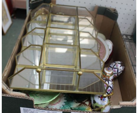 A BOX CONTAINING A SELECTION OF DOMESTIC POTTERY the majority decorated with fish, together with a collection of ceramic eggs