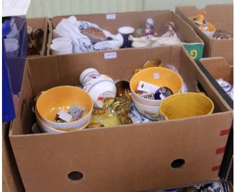 TWO BOXES CONTAINING A SELECTION OF DOMESTIC POTTERY &amp; GLASSWARE to include; hand painted Poole pottery vase and large Wa