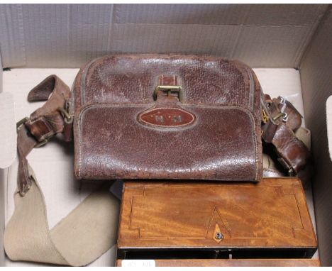 A 19TH CENTURY SARCOPHAGUS SHAPED TEA CADDY together with a shot gun pouch in leather 