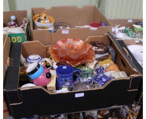 TWO BOXES CONTAINING A SELECTION OF COLLECTABLE &amp; USEFUL DOMESTIC ITEMS to include; carnival glass bowls, Royal Worcester