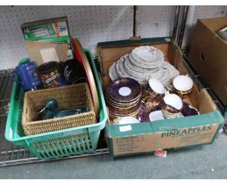 A BOX AND A CRATE CONTAINING PART TEA SERVICES, a Poole pottery model duck, etc. 