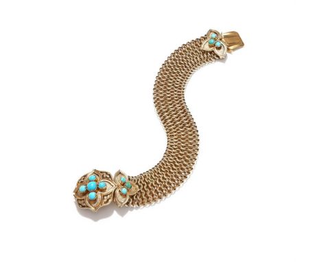 A LATE 19TH CENTURY TURQUOISE BRACELET CIRCA 1870S The quatrefoil clasp set with cabochon turquoise on a textured ground with
