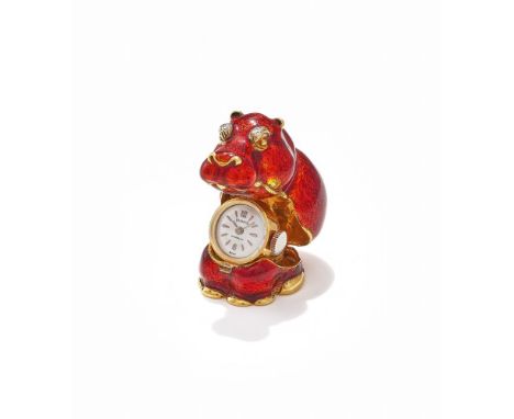 FRASCAROLO, AN ENAMEL AND DIAMOND NOVELTY TRAVEL CLOCK 1960S Designed as a hippo, decorated with red enamel and diamond eyes,