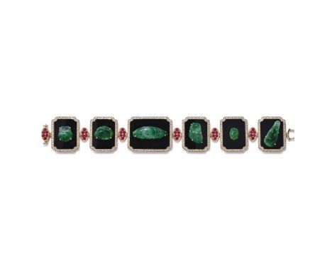 A GEM SET PANEL BRACELET Composed of shaped rectangular onyx panels, each centrally set with a carved and polished jadeite ja