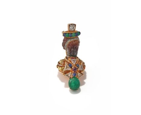 A GEM SET 'MORETTO' BROOCH/PENDANT LATE 18TH CENTURY AND LATER The carved banded agate head and turban, to an enamel collar w