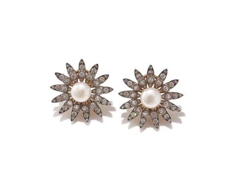 A PAIR OF CULTURED PEARL AND DIAMOND EARRINGS Each button shaped cultured pearl within a radiating petal surround set with br