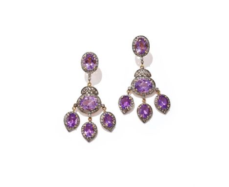 A PAIR OF AMETHYST AND DIAMOND EARRINGS Of girandole design, each oval cut amethyst centre in a single cut diamond surround, 