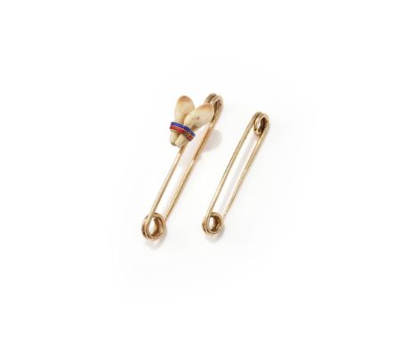 CARTIER, A STAG'S TOOTH AND ENAMEL STOCK PIN AND A STOCK PIN The first mounted with stags teeth, held by red and blue enamel 
