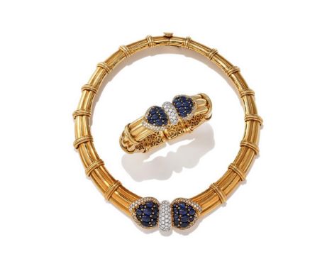 DAVID MORRIS, A SAPPHIRE AND DIAMOND NECKLACE AND BANGLE SET Of tapered reeded linking, set to the front with pear shaped bom