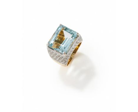 AN AQUAMARINE AND DIAMOND DRESS RING The rectangular step cut aquamarine with canted corners, to a pavé set brilliant cut dia