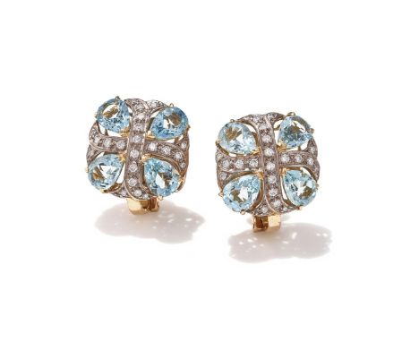 CASSANDRA GOAD, A PAIR OF AQUAMARINE AND DIAMOND EARRINGS Each with a brilliant cut diamond set flared cross with four pear s