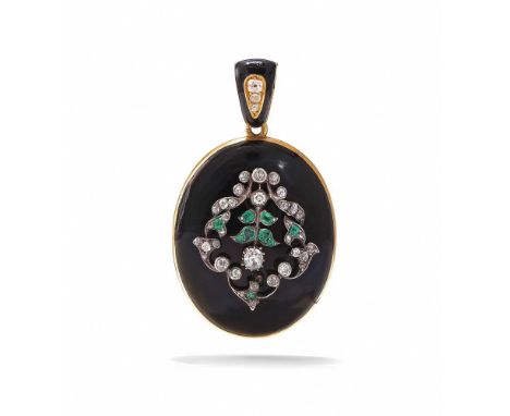 A VICTORIAN EMERALD, DIAMOND AND ENAMEL MOURNING LOCKET The oval black enamel front applied with a foliate cartouche set with