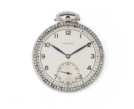 LONGINES A PLATINUM AND DIAMOND KEYLESS WIND OPEN FACE POCKET WATCH, CIRCA 1920Movement: Bimetallic split balance, flat balan