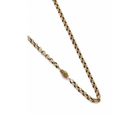 A MID 19TH CENTURY LONG CHAIN  Composed of textured gold links to a barrel shaped clasp with cannetille decoration and caboch