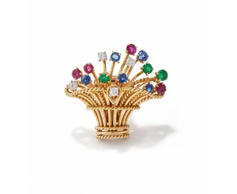 CARTIER, A GEM SET BASKET BROOCH CIRCA 1960 The ropetwist and polished rod basket with brilliant cut diamond accent, issuing 