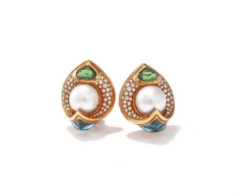 MARINA B, A PAIR OF GEM SET EARRINGS Each cultured pearl within a curved frame pavé set with brilliant cut diamonds, with a p