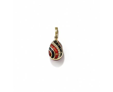 VICTOR MAYER FOR FABERGÉ, A MODERN RED ENAMEL AND DIAMOND EGG PENDANT The 18 carat gold red guilloché enamel egg with curved 