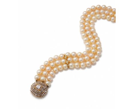 A THREE ROW CULTURED PEARL AND DIAMOND NECKLACE Composed of three strands of 8.95 - 8.00mm cultured pearls to a brilliant and