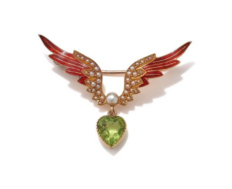 AN EDWARDIAN PERIDOT, ENAMEL AND HALF PEARL BROOCH  CIRCA 1900 AND LATER The heart shaped peridot suspended from a seed pearl