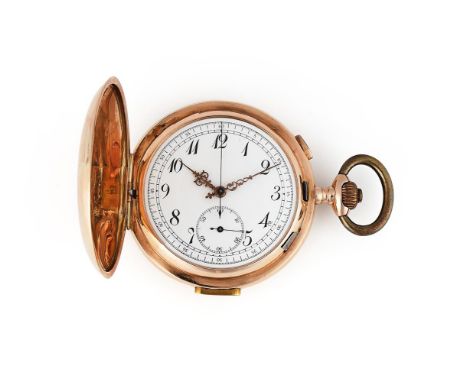 UNSIGNED A GOLD KEYLESS WIND FULL HUNTER QUARTER REPEATER POCKET WATCH WITH CHRONOGRAPH SECONDS, NO. 281003Movement: Overcoil
