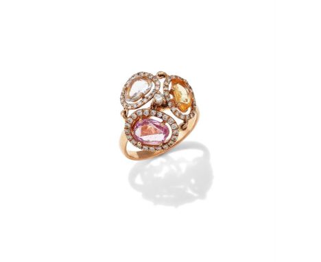 A COLOURED SAPPHIRE AND DIAMOND DRESS RING Designed as an articulated cluster of vari shaped rose cut pink, orange or light b