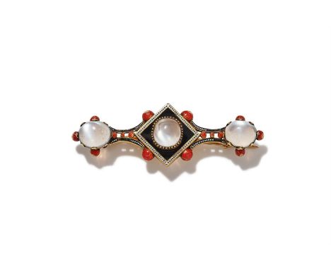 CARLO GIULIANO, A MOONSTONE AND ENAMEL BROOCH  CIRCA 1880 Set with three cabochon moonstones within a tapered black and white