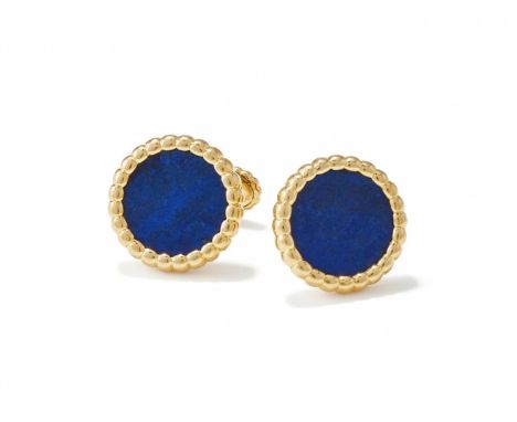 A PAIR OF LAPIS LAZULI CUFFLINKS Each lapis lazuli disc within a beaded border, to a swivel bar with oval panel terminals wit