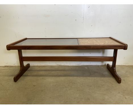 A G Plan mid century coffee table with tinted glass and tile top. W:121cm x D:49cm x H:44cm