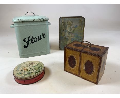 An enamel flour storage tin together with a Huntley and Palmer Muffin the Mule tin, a William Crawford tea caddy tin and a Mc
