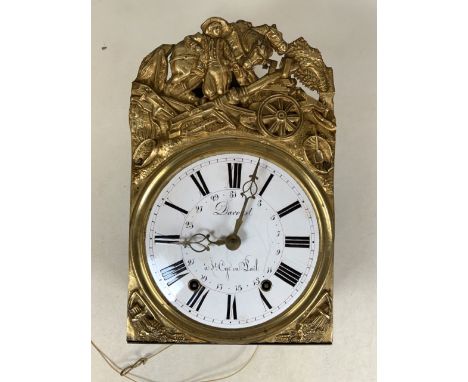 A 19th century French gilt wall clock with enamelled dial signed Davoust St Cyr en Lail. With weights, pendulum and winding k
