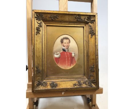 A military portrait in watercolour on paper of Eversson Harrison lord lieutenant of Rutland in gilt Georgian frame behind ova