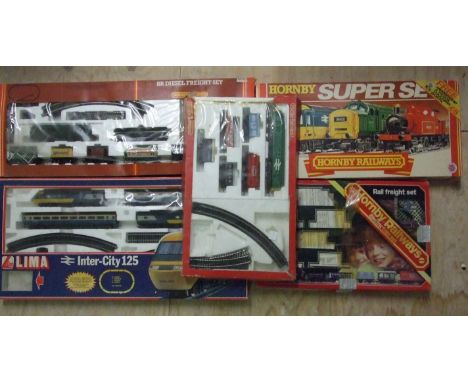 OO Gauge, Hornby, four boxed sets: R688 Rail Freight Set, R537 BR Diesel Freight Set and two others, all play-worn, boxed and