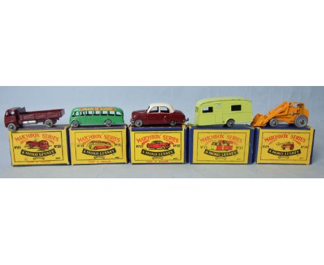 Five Moko Lesney Matchbox 1-75 series: no.20 ERF Stake Truck, no.21 Bedford Coach, no.22 Vauxhall Cresta, no.23 Berkeley Cava