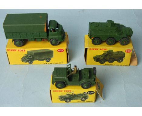 Dinky Toys 621 3-ton Army Wagon, 674 Austin Champ, and 676 Armoured Personnel Carrier, all boxed, (3).