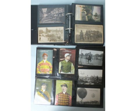 An album of 96 postcards, including jockeys (6), Army life including a ballooning card, humour, topography, etc.
