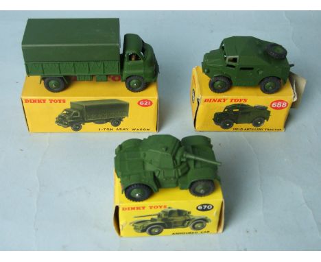 Dinky Toys, 621 3-ton Army Wagon, 670 Armoured Car, and 688 Field Artillery Tractor, all boxed, (3).