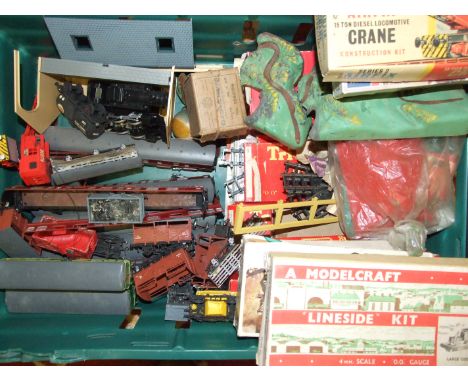 OO Gauge, a wooden engine shed with tinplate advertising panels, a quantity of various rolling stock, boxed kits including a 