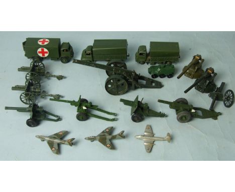 Dinky Toys, unboxed army issues: 621 and 623 army wagons, 626 military ambulance, two guns, 699 and 692, three planes and oth