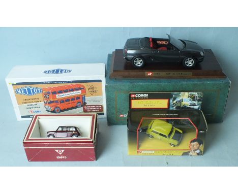 Corgi 95105, 1:18 scale, MGF, two Corgi Minis and a Corgi Mettoy Route-Master bus, all boxed, (4).