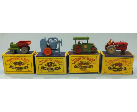 Four Moko Lesney Matchbox 1-75 series: no.1 Diesel Road Roller (type 2), no.2 Muir Hill Site Dumper (no driver), no.3 Cement 