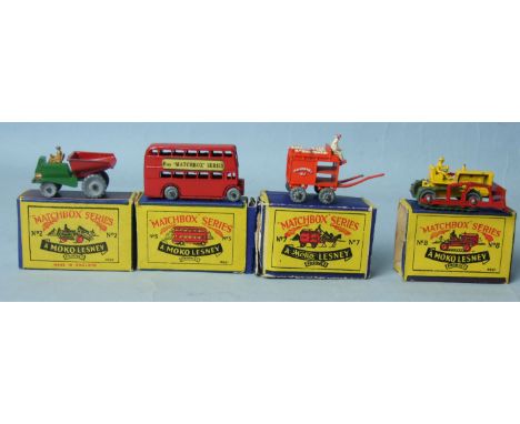 Four Moko Lesney Matchbox 1-75 series: no.2 Muir Hill Site Dumper, no.5 London Bus, no.7 Horse Drawn Milk Float, no.8 Caterpi