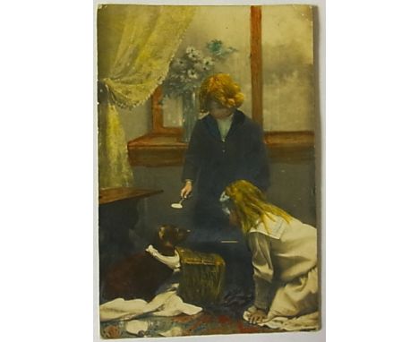 Children/Postal - Early coloured postcard of children playing with a dog, used 1906 with very fine Glasgow machine cancel No.