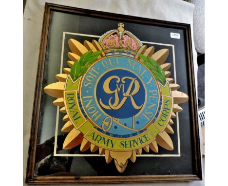 British WWII Royal Army Service Corps hand painted framed plaque, an excellent item which would have come from a Barracks. Sc