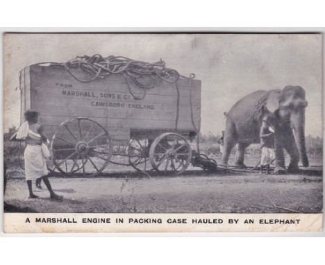 Advertising-A marshall Engine in packing case hauled by a elephant scarce.
