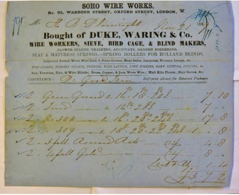 London 1859 Duke Waring & Co engraved heading Wire Workers Sieve Bird Cage & Blind Makers