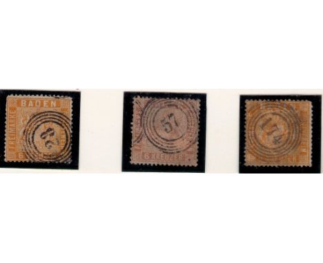 German States Baden selection used, 1860k stamps with good numeral cancels, 2 x sag 17 & 1 x sg 18 Cat £300